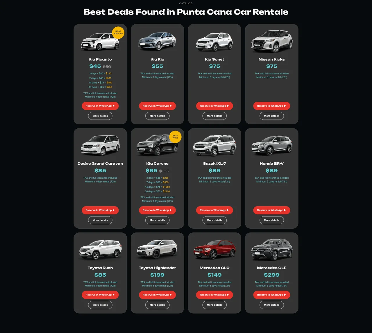 Vroom.DO car catalog with pricing and a WhatsApp booking button