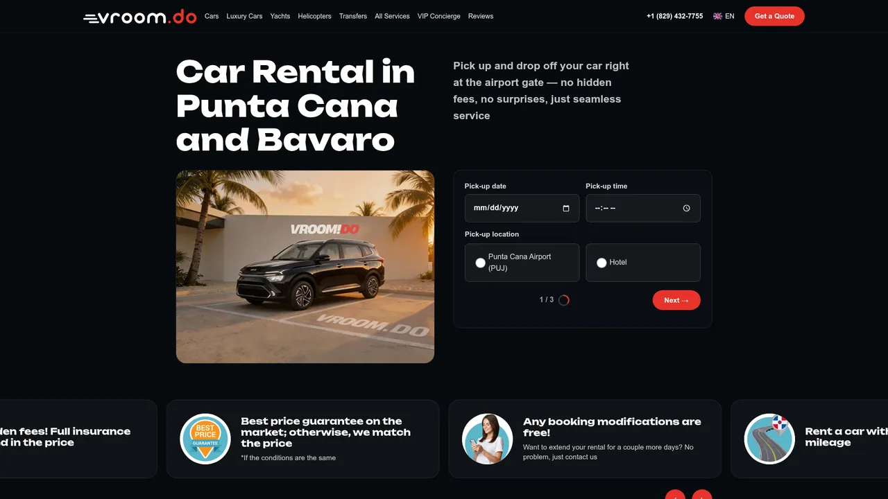 Vroom.DO homepage with the booking form